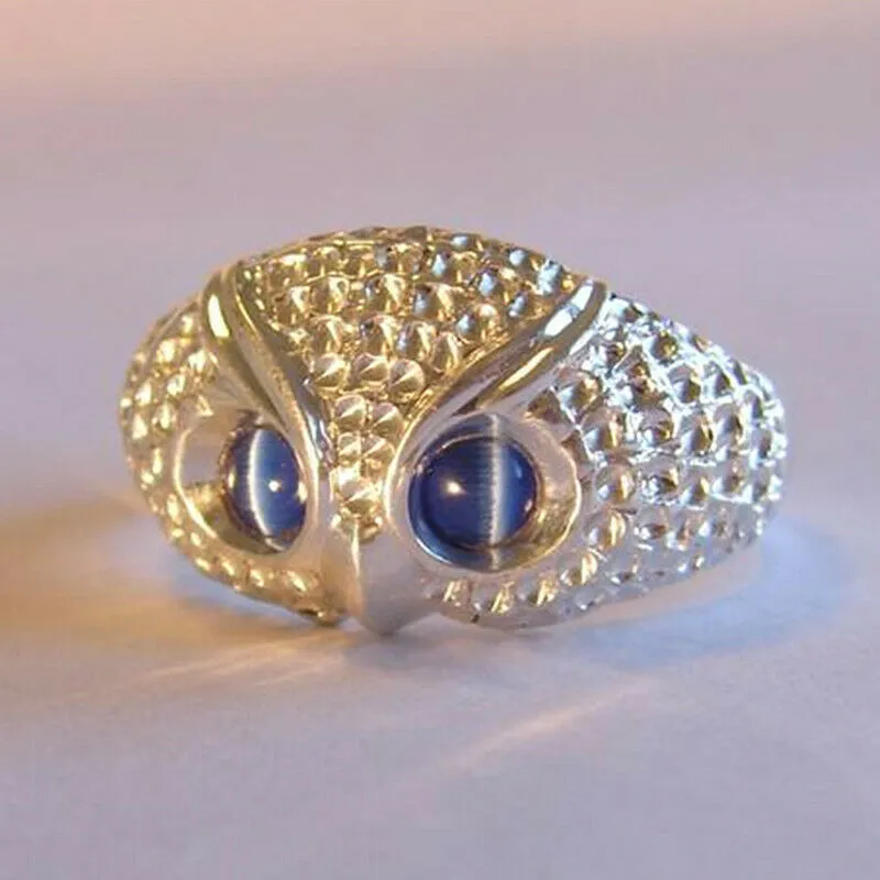 Cute Owl Silver Color Women Finger Ring Blue Imitation Opal Eyes Simple Animal Jewelry