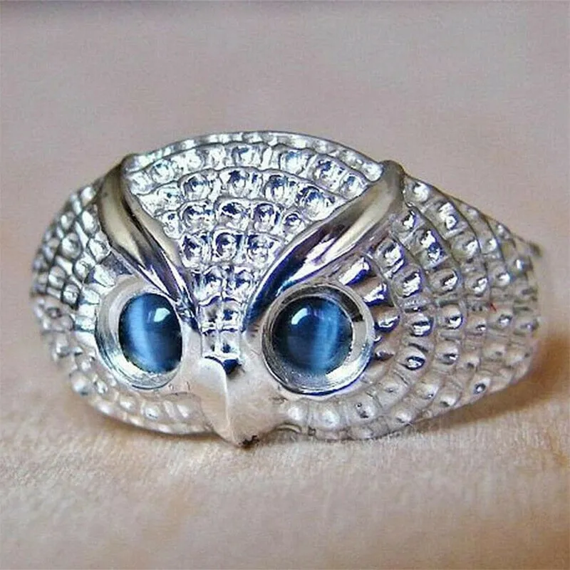 Cute Owl Silver Color Women Finger Ring Blue Imitation Opal Eyes Simple Animal Jewelry