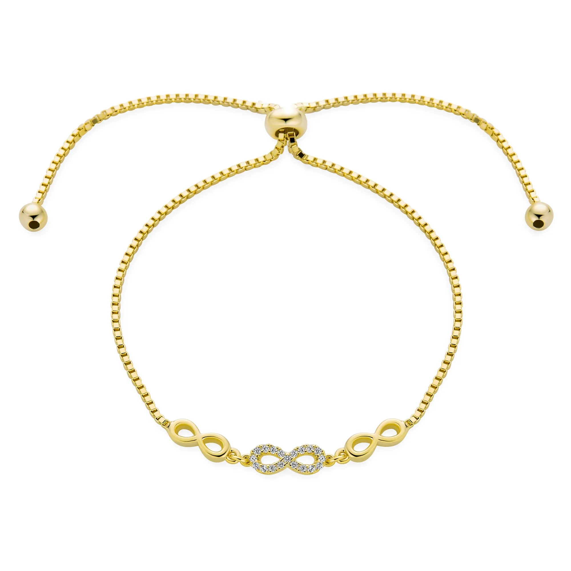 Delicate Chain Link Bracelet Love Knot Trio Infinity Bolo 14K Gold Plated Silver