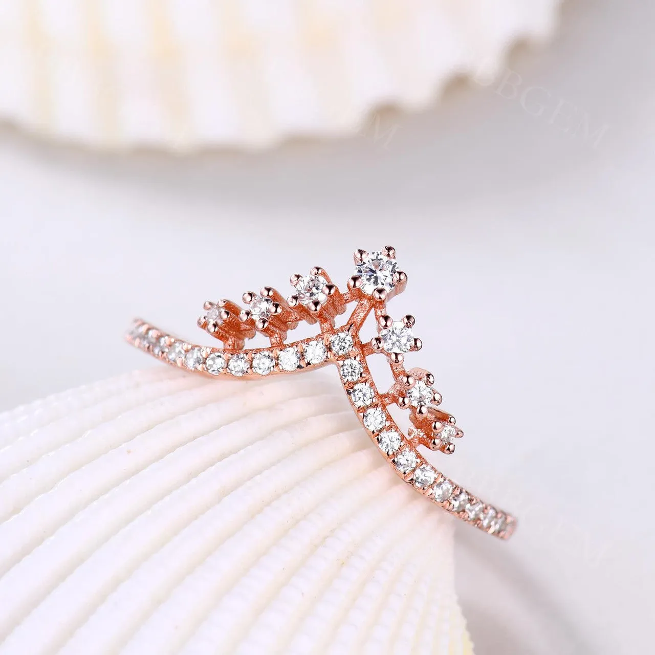 Delicate Moissanite Wedding Band Curved V Moissanite Wedding Band Rose Gold