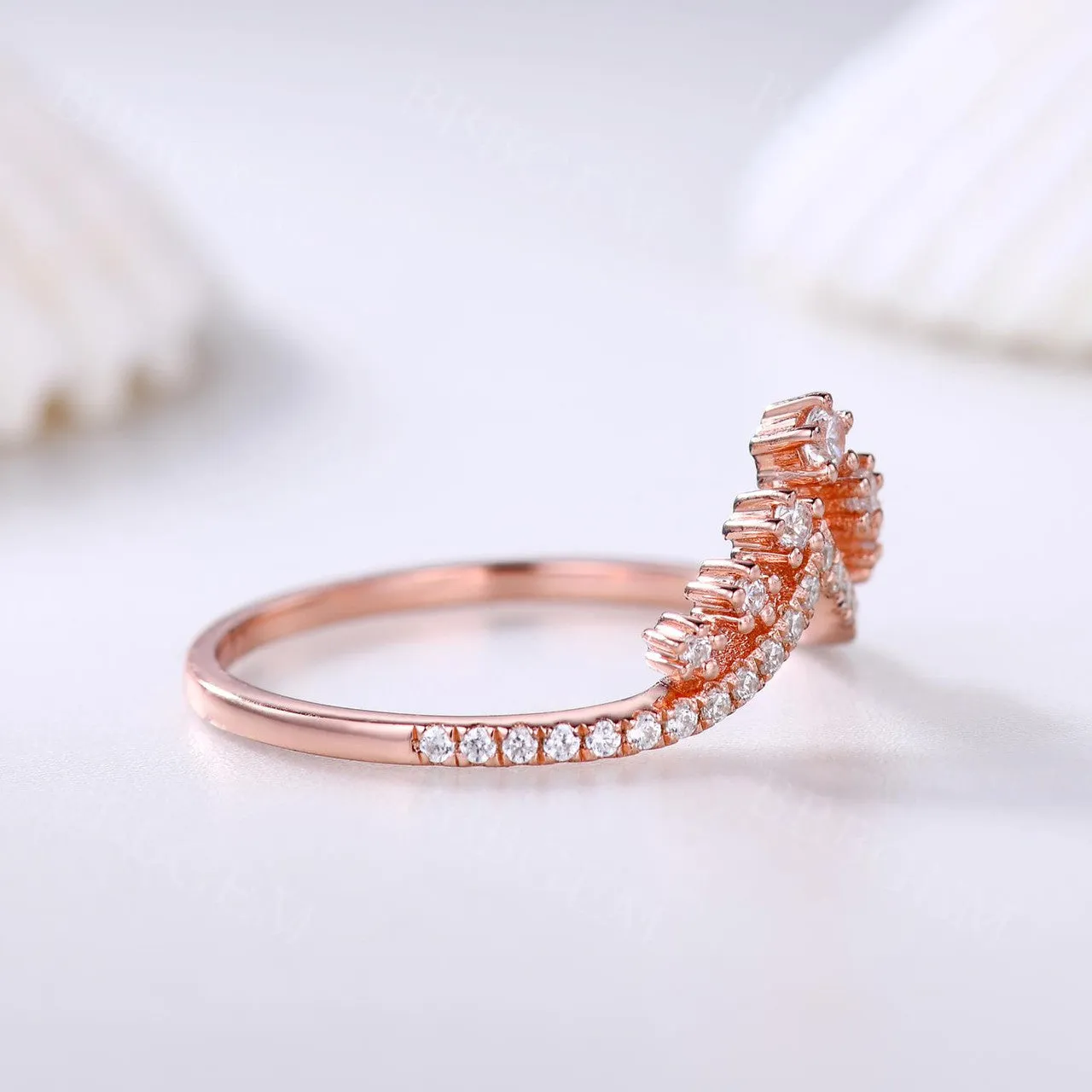 Delicate Moissanite Wedding Band Curved V Moissanite Wedding Band Rose Gold