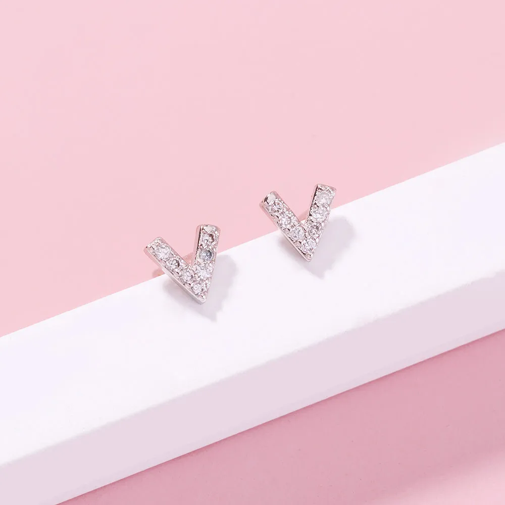 European and American personality temperament earrings Fashion small letters mini V-shaped zircon earrings simple and versatile diamond earrings