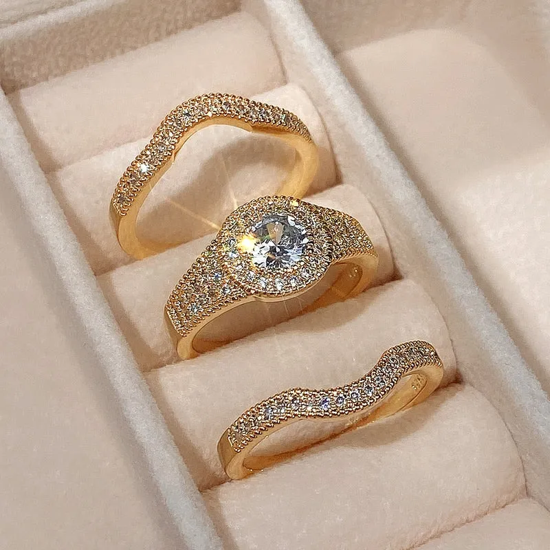 Exquisite 3Pcs Ring Set Wedding 14K Gold Zircon for Women Gift