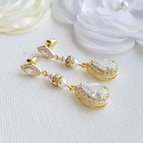 Gold and Pearl Wedding Drop Earrings-Ella