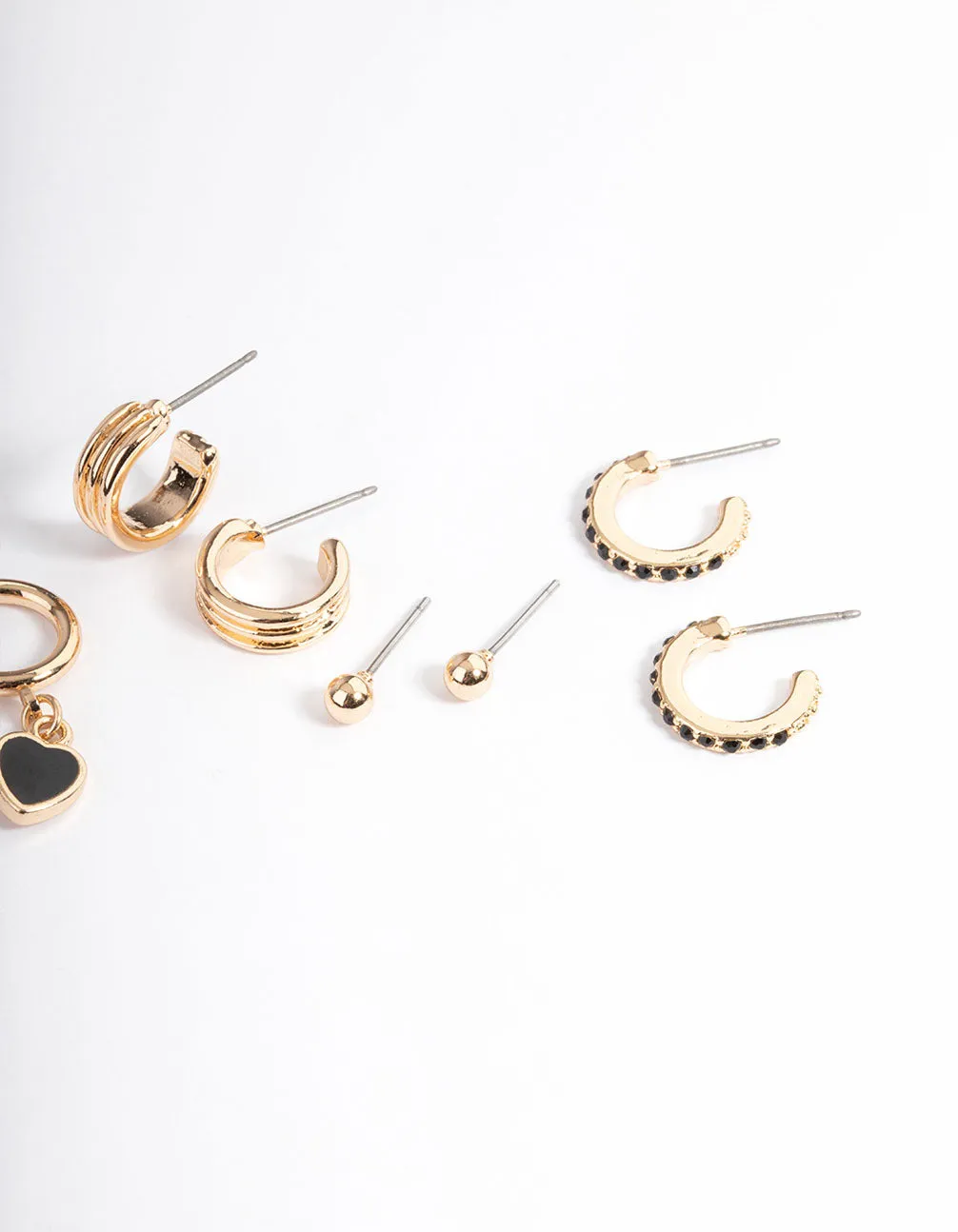 Gold Black Enamel Heart Earrings 4-Pack