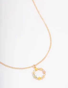 Gold Diamante Flower Circle Short Necklace