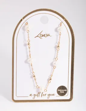 Gold Freshwater Pearl Ball Station Necklace