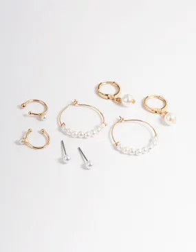 Gold Pearl Charm Hoop Earrings 4-Pack