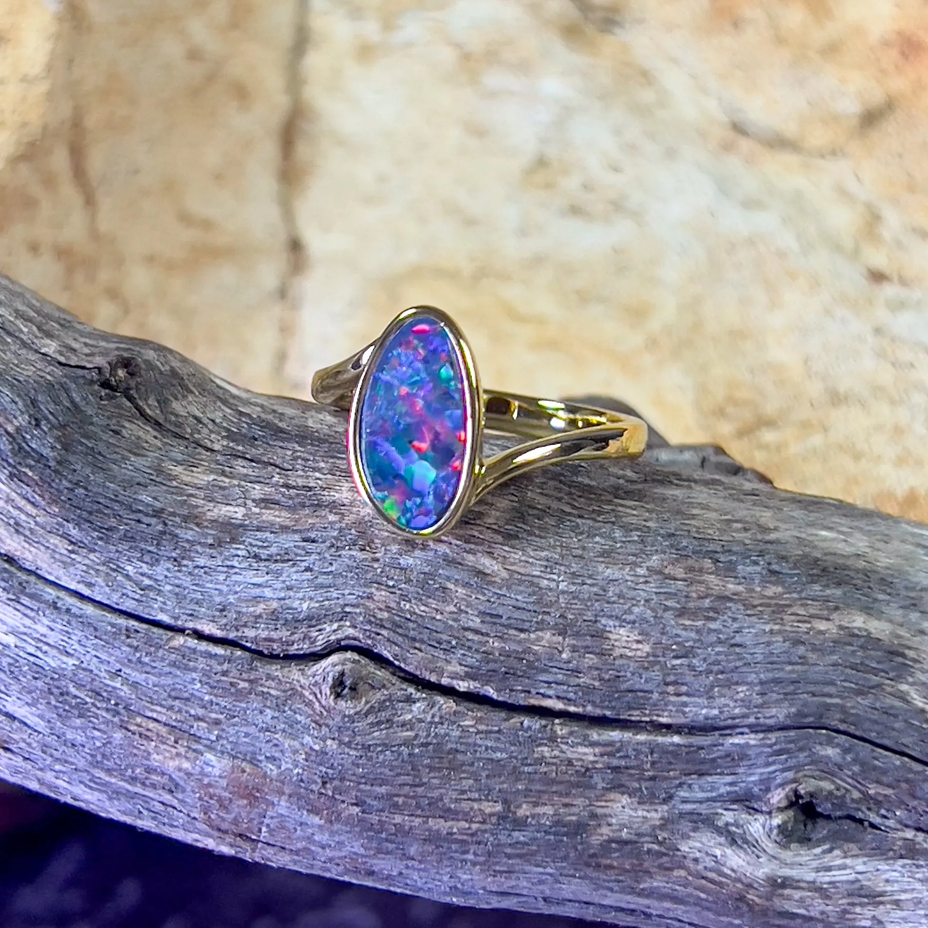 Gold plated Sterling Silver cross over oval Opal doublet ring