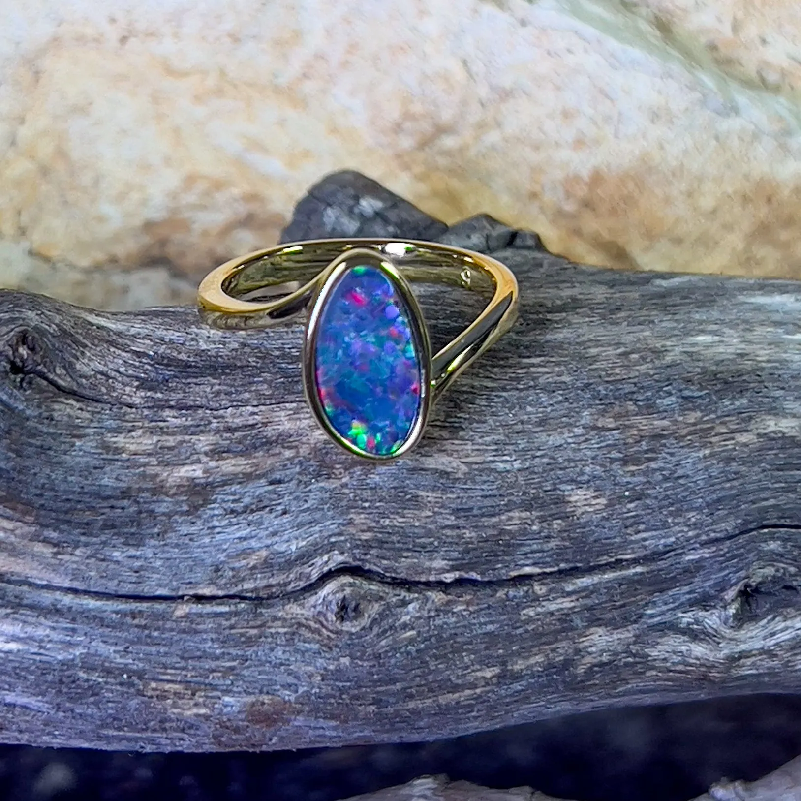 Gold plated Sterling Silver cross over oval Opal doublet ring