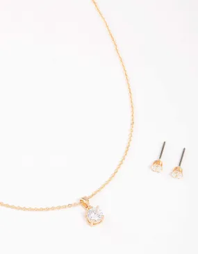 Gold Round Solitaire Necklace & Earring Set