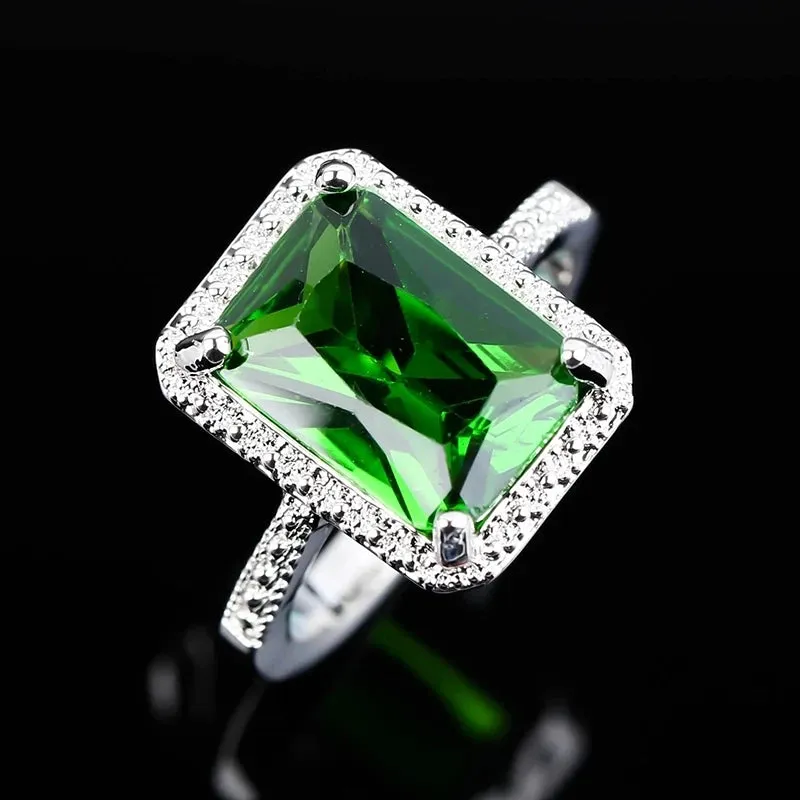 Green Rectangular Zircon Ring Women Jewelry Birthday Gift Jewelry