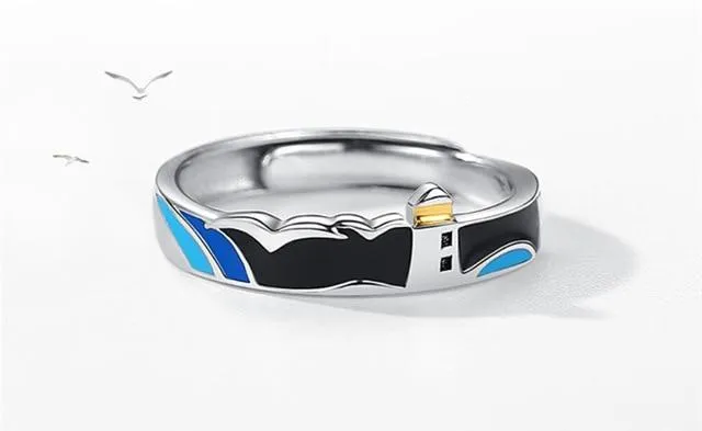 Lighthouse Seagull Couple Ring Resizable Opening Romantic Couple Rings