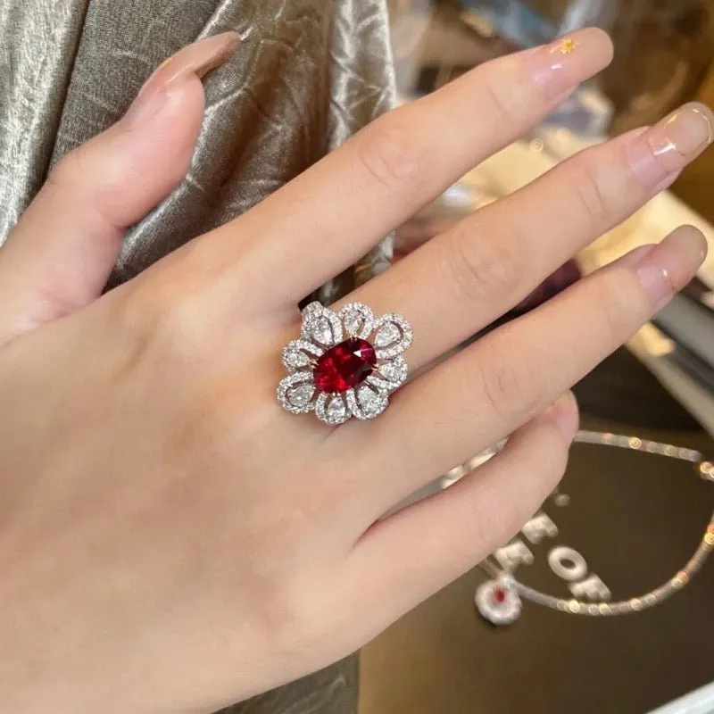 Luxurious Floral Red Ruby Ring Women Wedding Engagement Jewelry