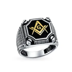 Mens Silver Ring with Tri Tone Black Inlay Compass Freemason Masonic Signet Design