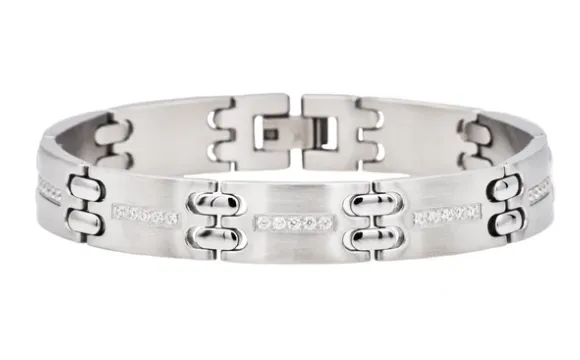 Men's Stainless Steel Matte Finish Bracelet W/ Cz's