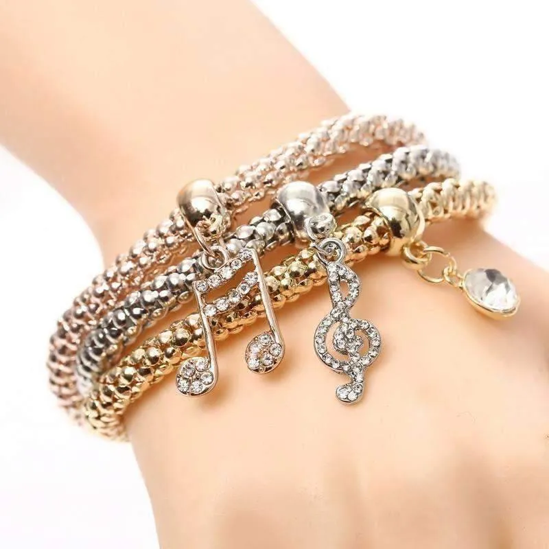 Music Notes Tri-Color Austrian Crystal Stretch Bracelet Set