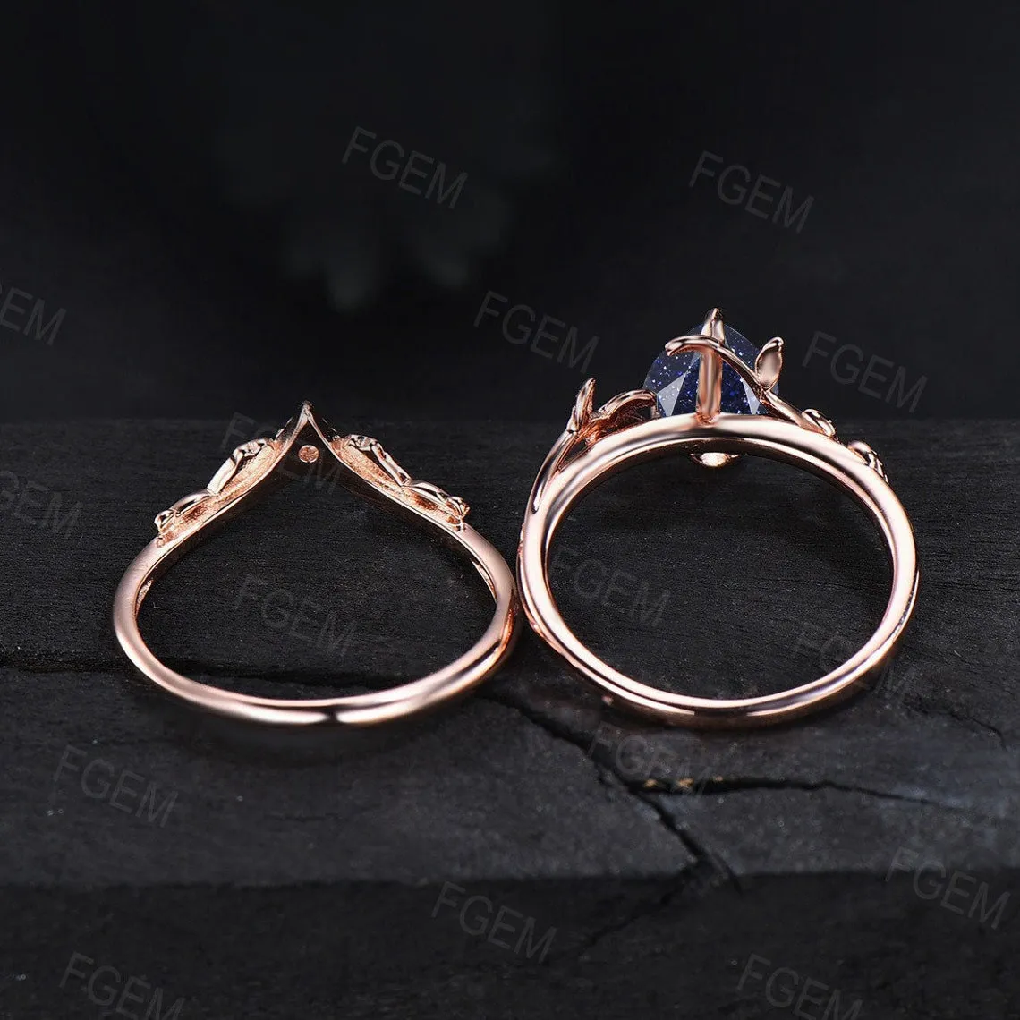 Nature Inspired Blue Sandstone Engagement Rings Set Twig Leaf Bridal Sets Blue Sapphire Ring 1.25ct Pear Shaped Blue Goldstone Nature Rings