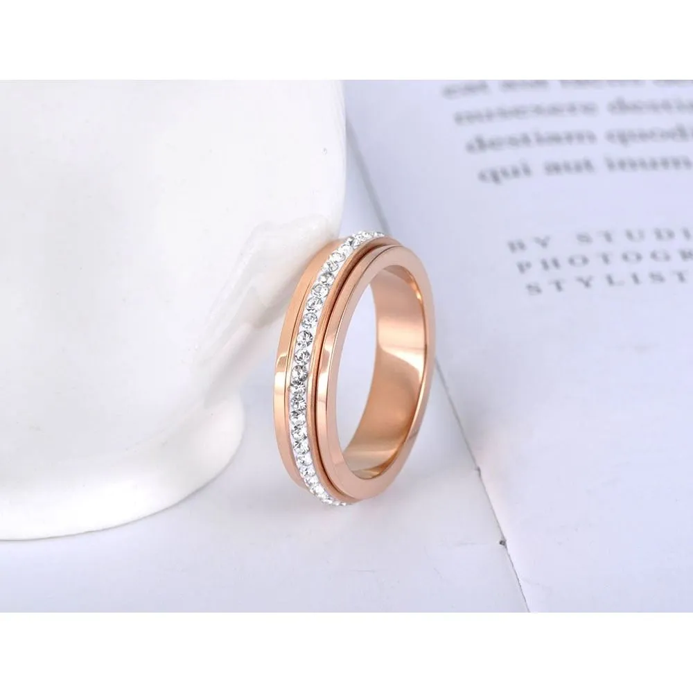 New Stainless Steel Spinning Ring Rose Gold Micro Pave CZ Crystal R19027