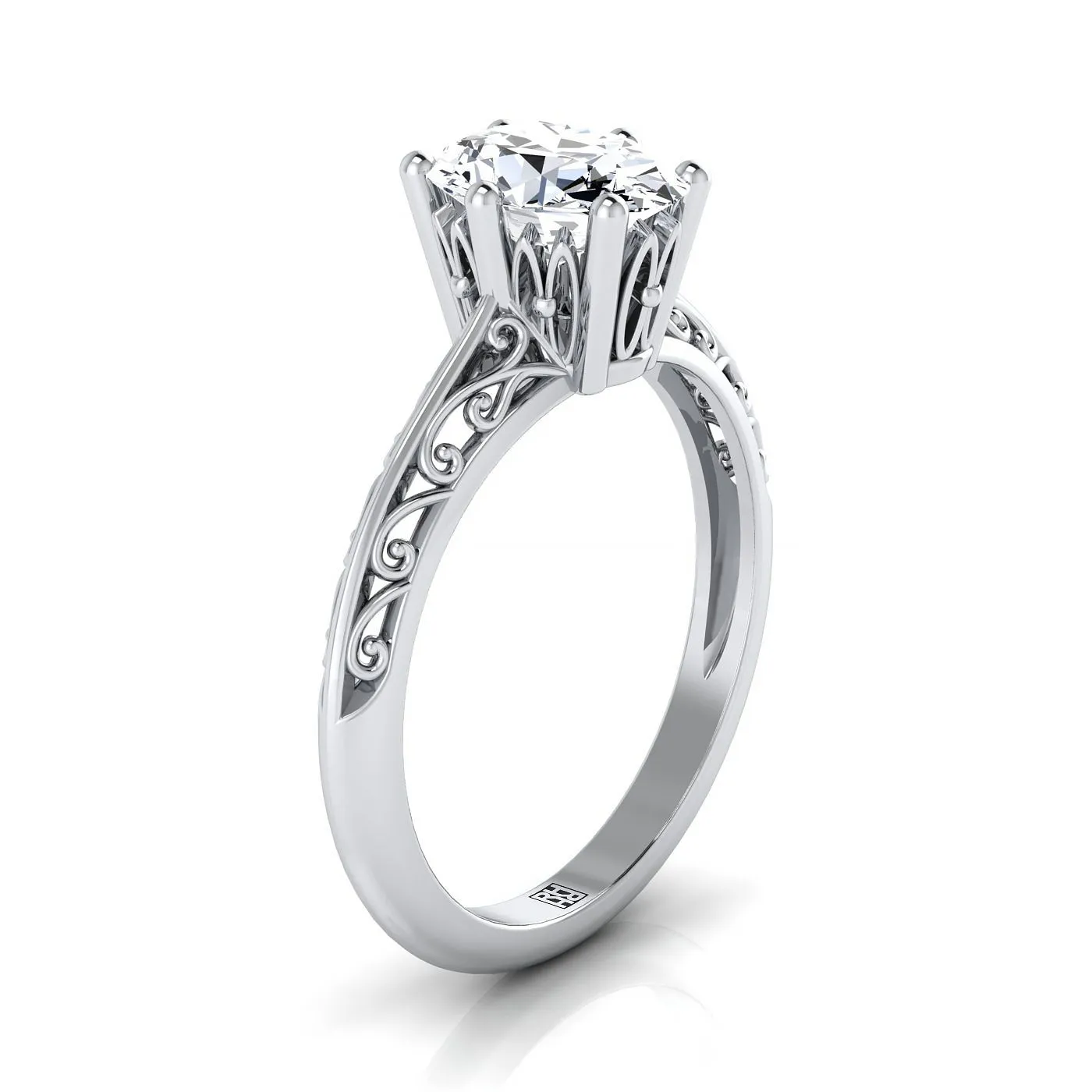 Platinum Oval  Delicate Vintage Scroll Cut Out Solitaire Engagement Ring