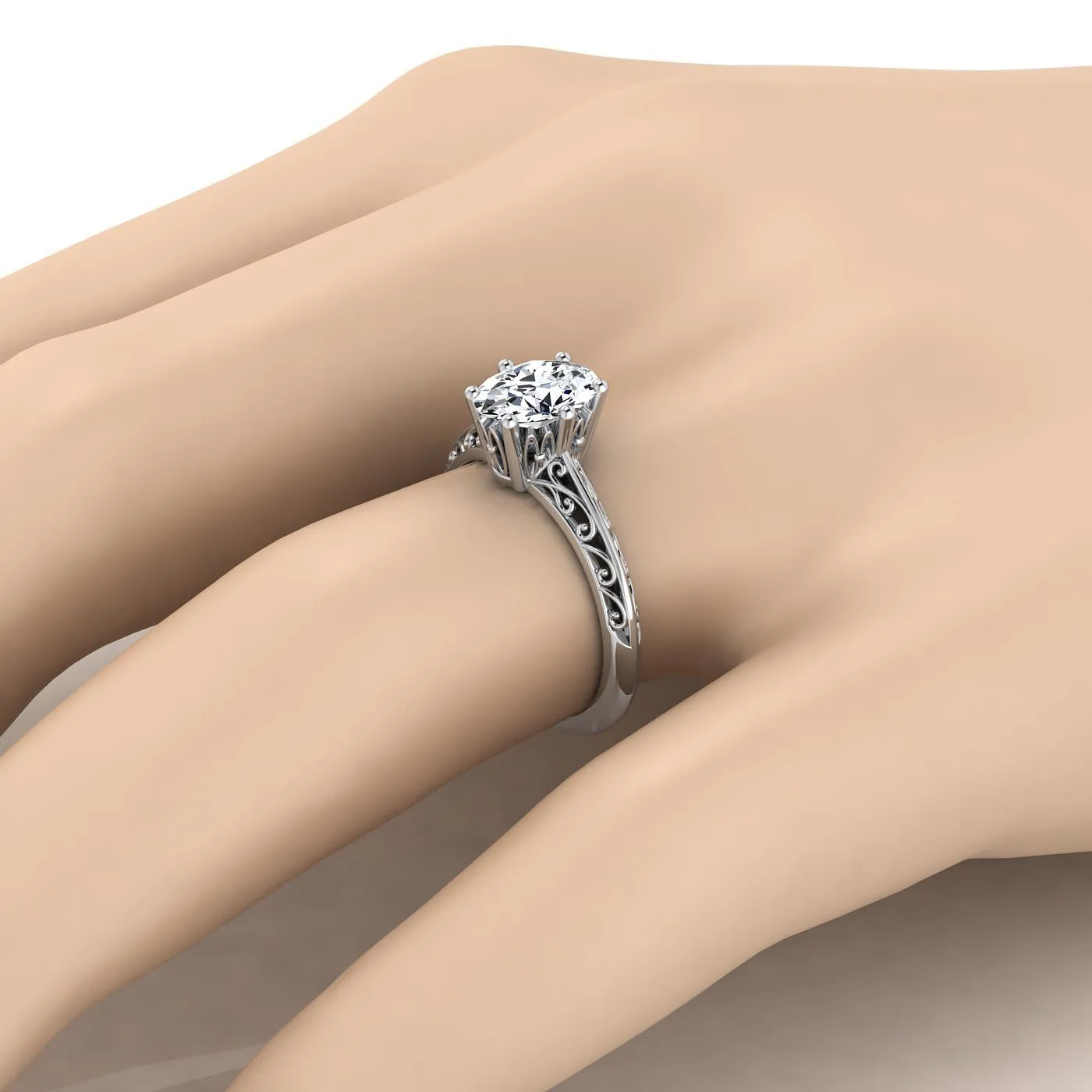 Platinum Oval  Delicate Vintage Scroll Cut Out Solitaire Engagement Ring