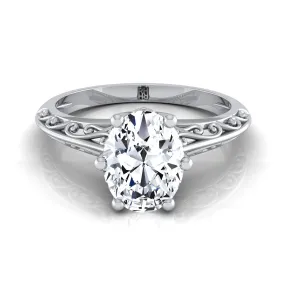 Platinum Oval  Delicate Vintage Scroll Cut Out Solitaire Engagement Ring