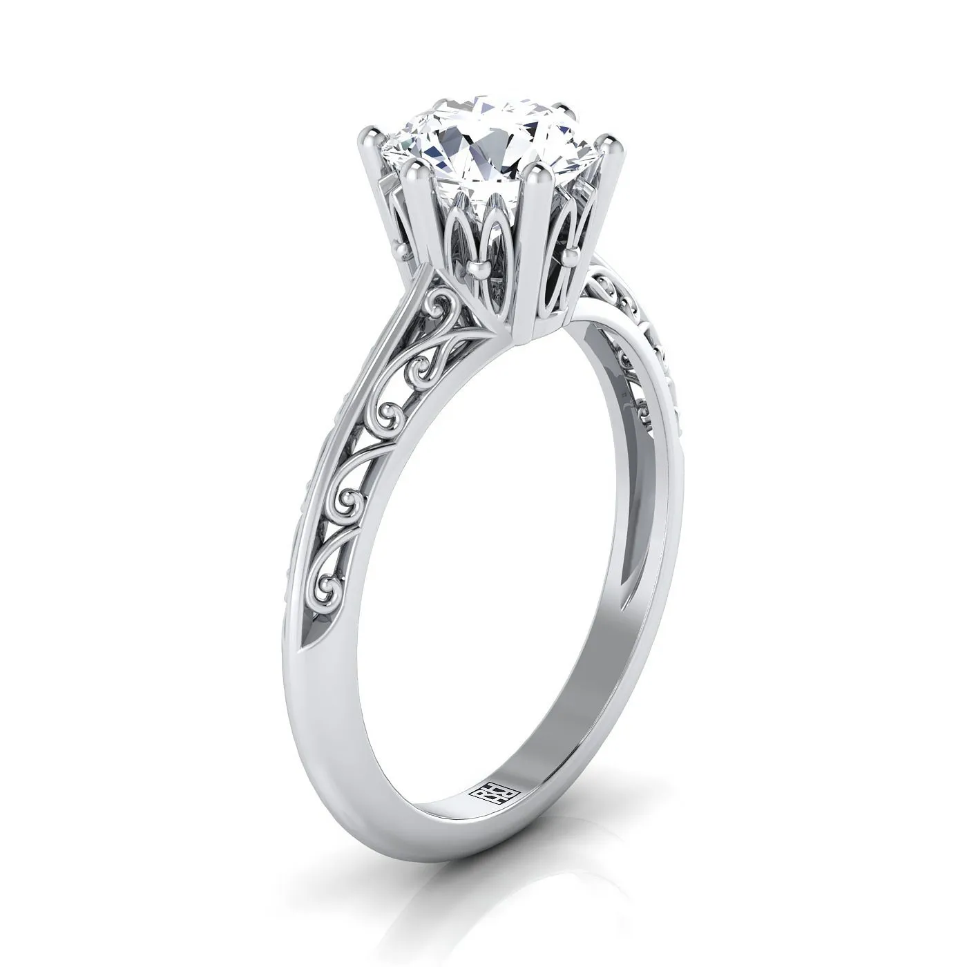 Platinum Round Brilliant  Delicate Vintage Scroll Cut Out Solitaire Engagement Ring