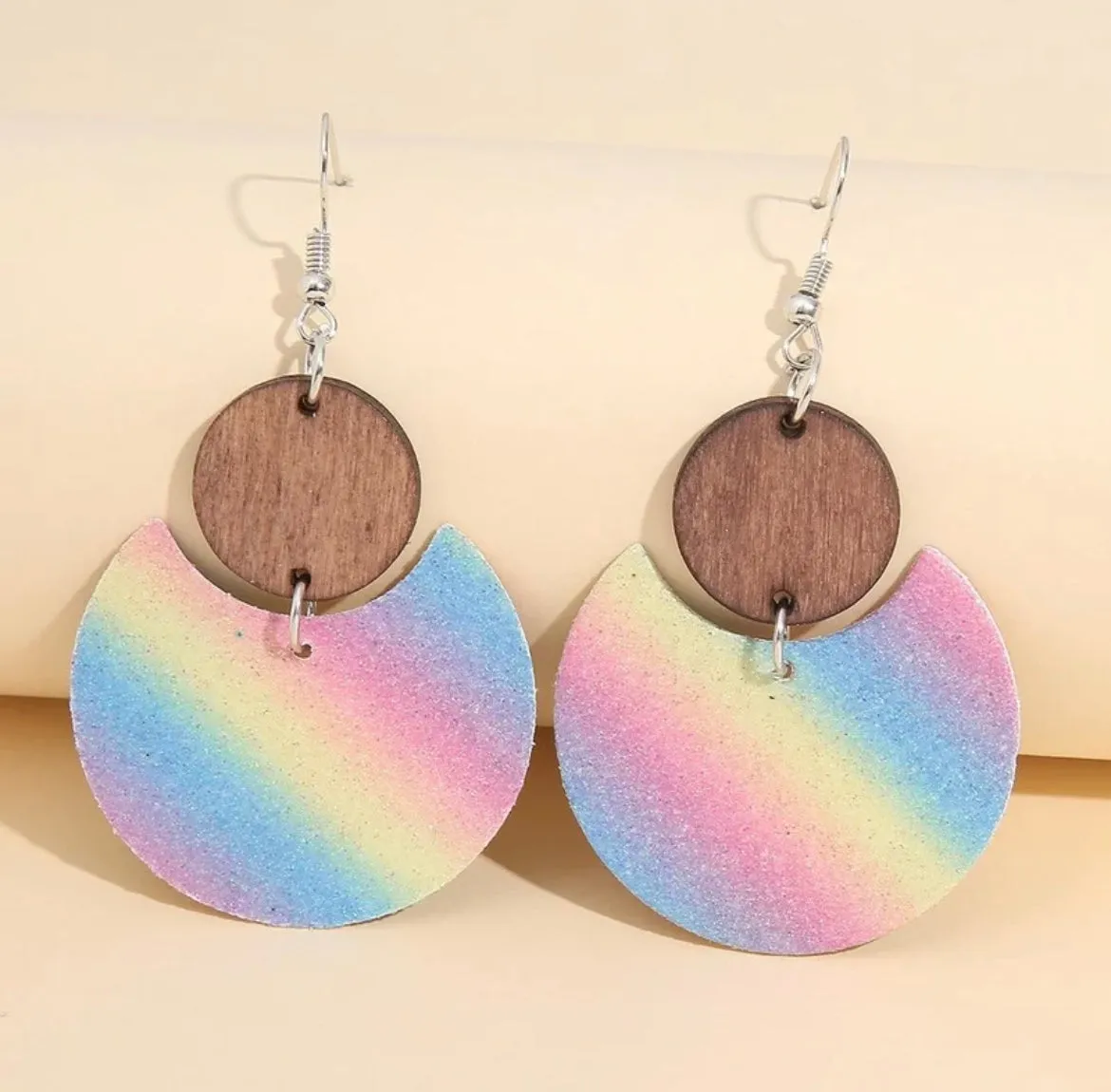 Polychrome Wood and Cork Drop Earrings