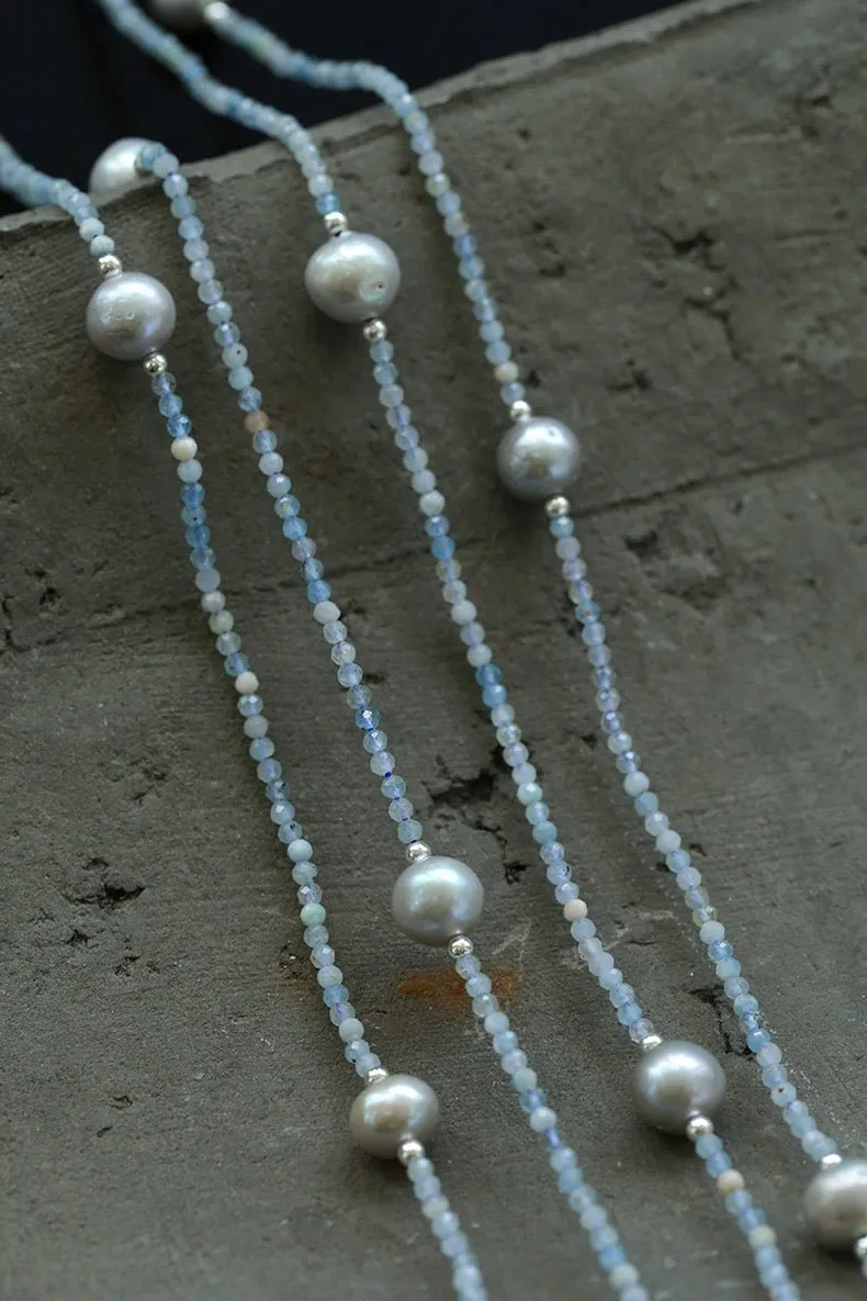 Refreshing Aquamarine Grey Pearl Long Beaded Necklace