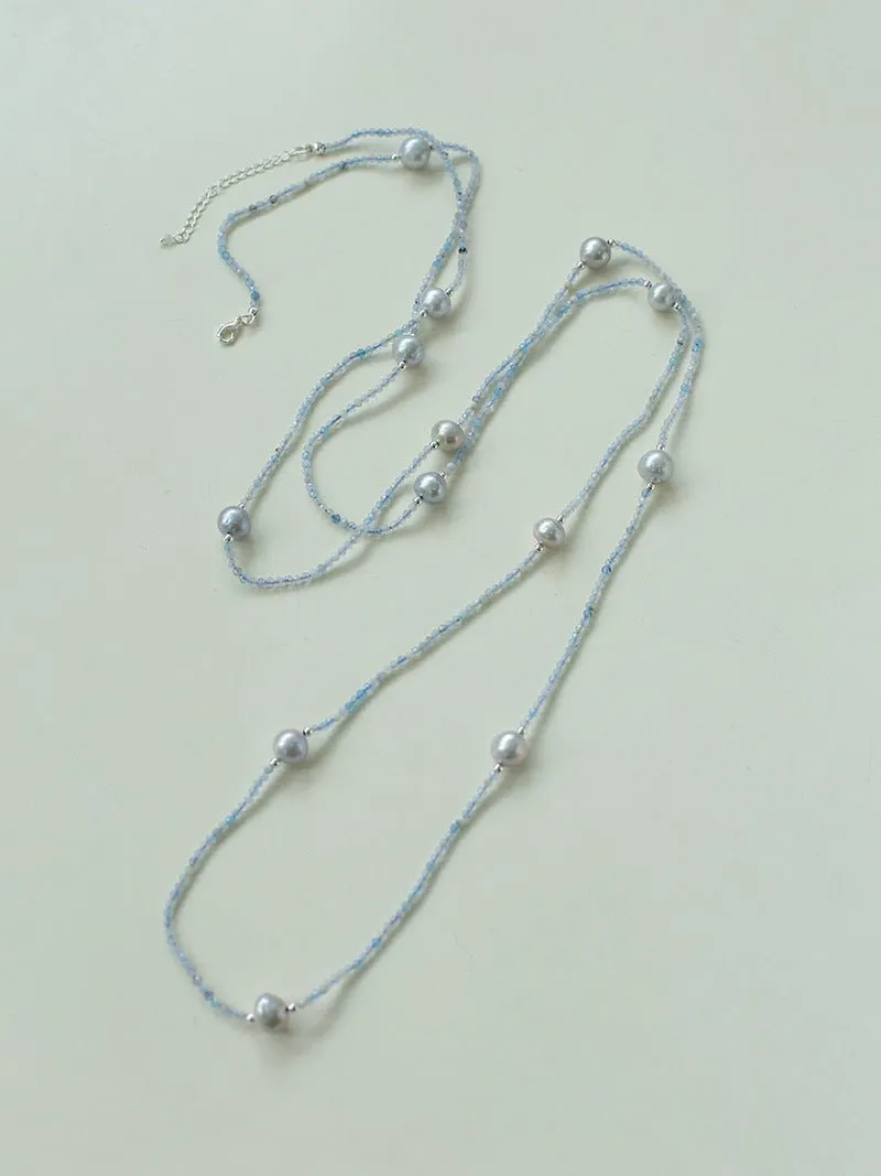 Refreshing Aquamarine Grey Pearl Long Beaded Necklace