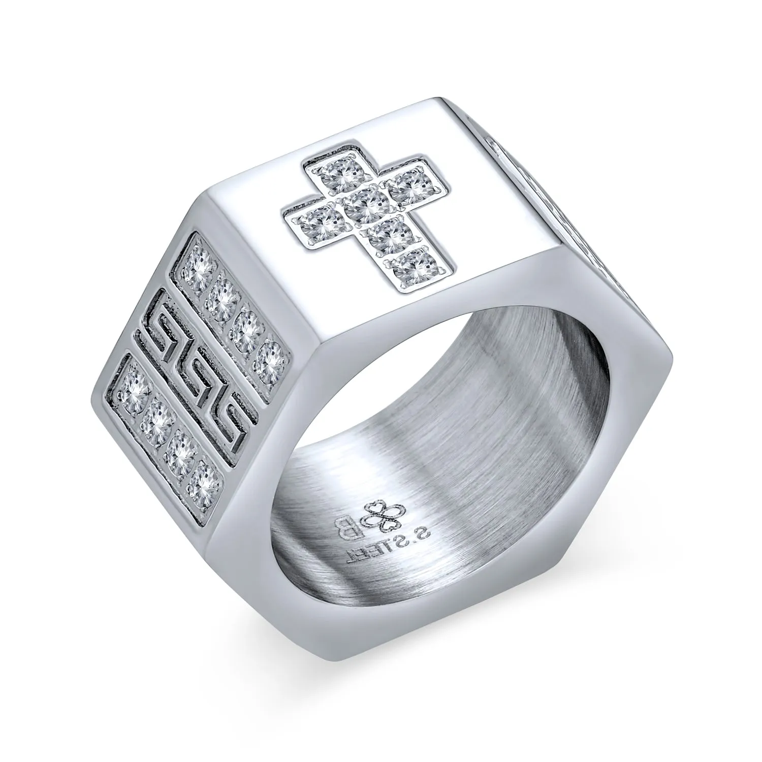 Religious Mens Stainless Steel Greek Key CZ Cross Ring Band Silver Tone