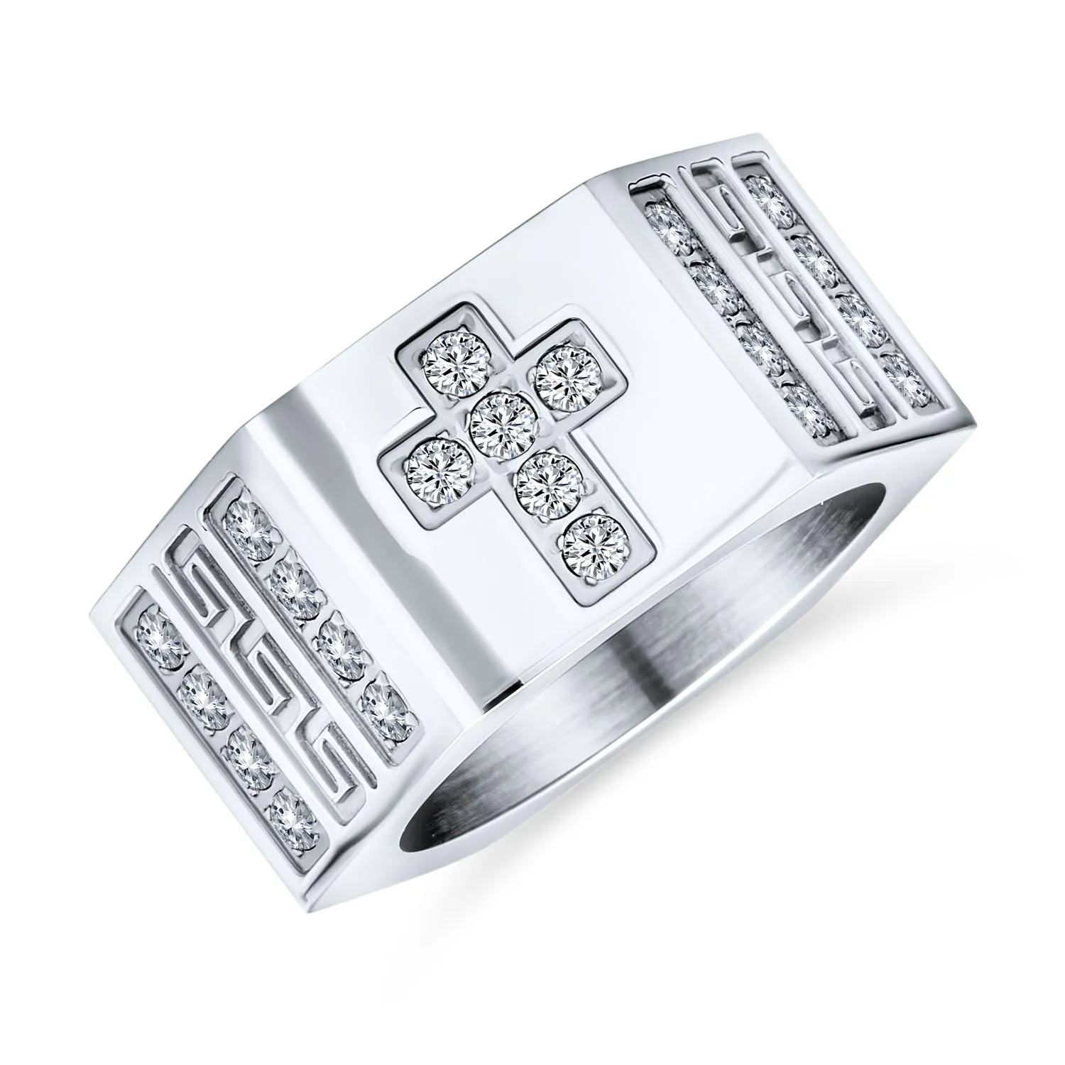 Religious Mens Stainless Steel Greek Key CZ Cross Ring Band Silver Tone