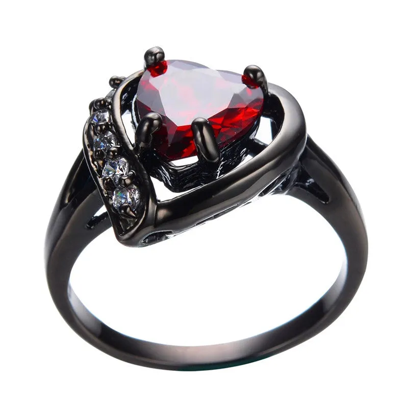 Romantic Big Heart Ring Crystal Black Gold Filled Cubic Zircon Red Stone Ring Wedding Engagement Jewelry