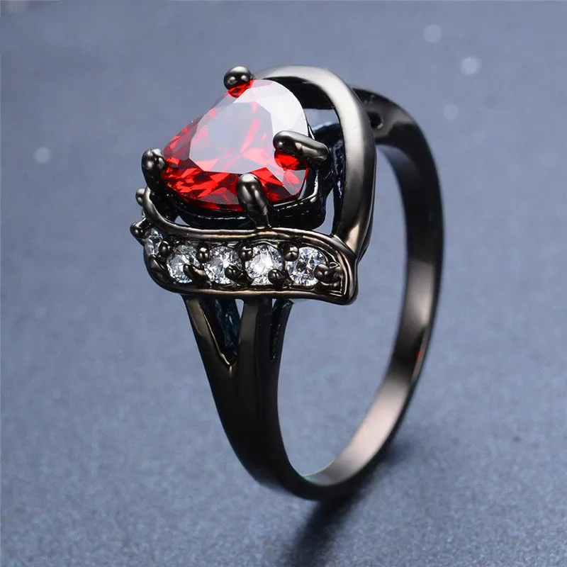 Romantic Big Heart Ring Crystal Black Gold Filled Cubic Zircon Red Stone Ring Wedding Engagement Jewelry