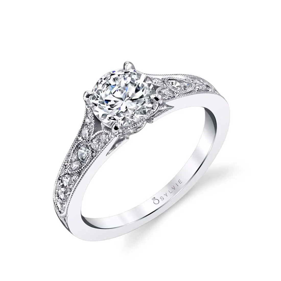 Round Cut Vintage Inspired Engagement Ring - Chereen Platinum White