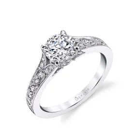 Round Cut Vintage Inspired Engagement Ring - Chereen Platinum White