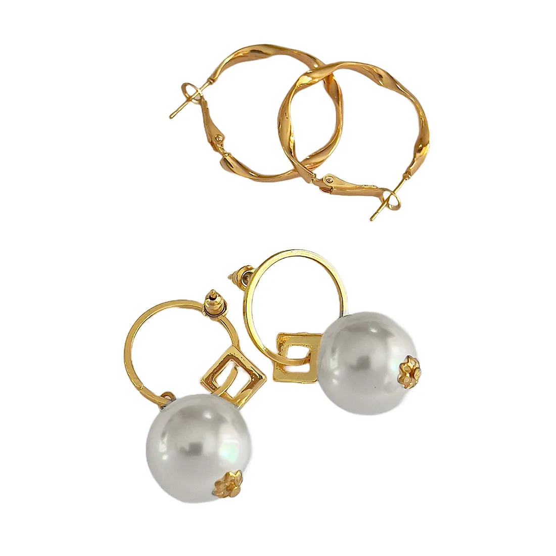 Set Of 2 Gold-Toned Twisted Hoops & Circular Pearl Drop Earrings