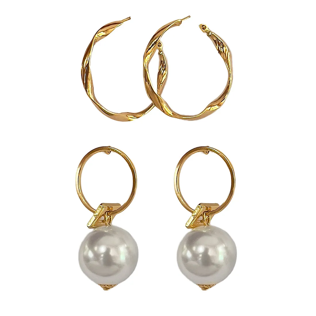 Set Of 2 Gold-Toned Twisted Hoops & Circular Pearl Drop Earrings