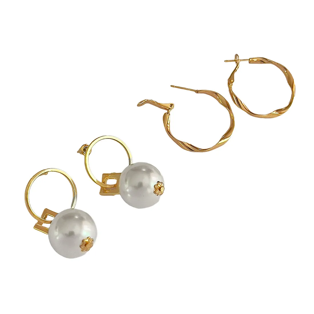 Set Of 2 Gold-Toned Twisted Hoops & Circular Pearl Drop Earrings