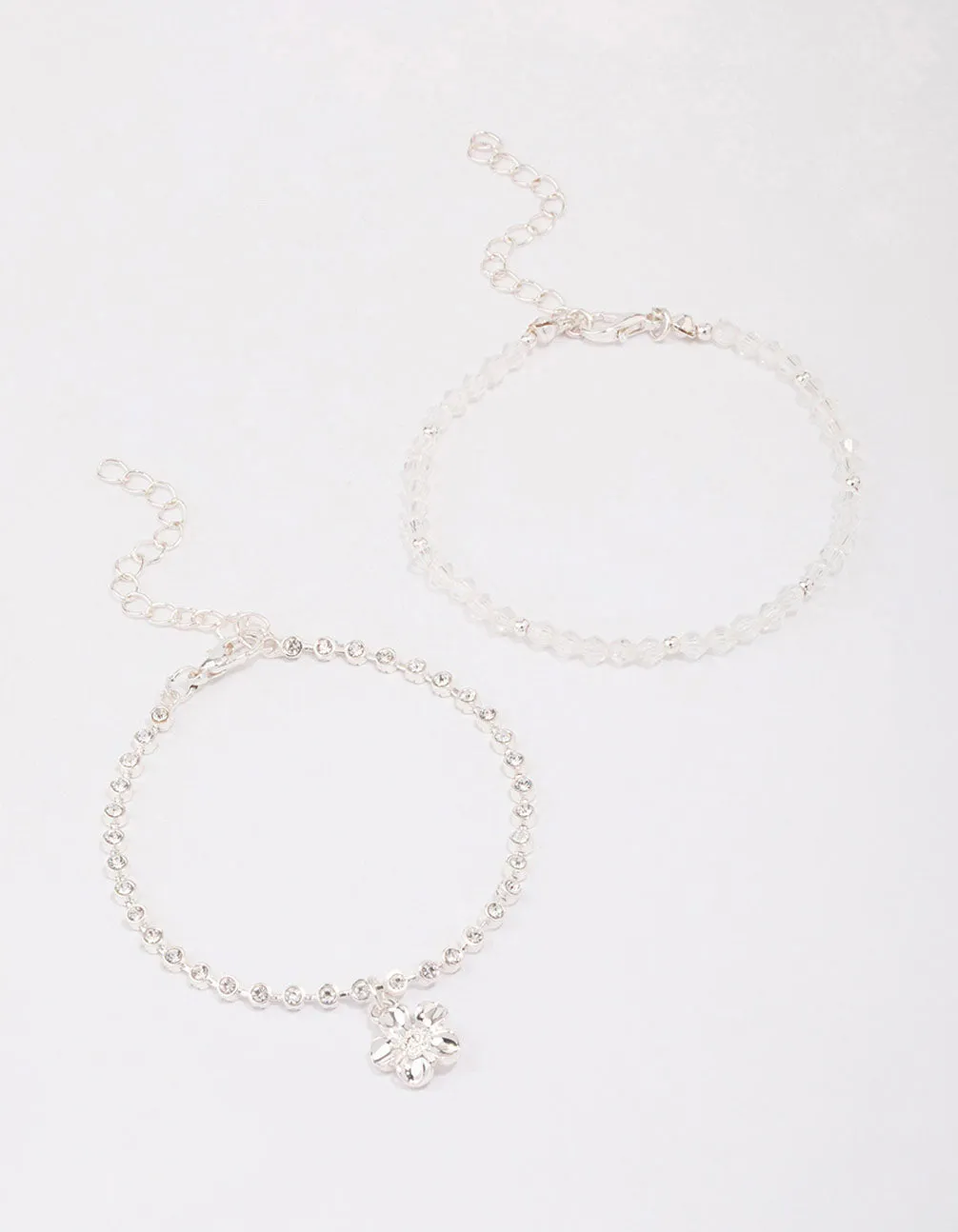 Silver Beaded Diamante Flower Charm Bracelet Pack