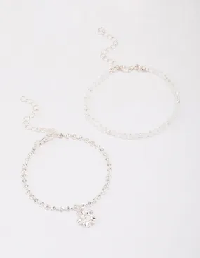 Silver Beaded Diamante Flower Charm Bracelet Pack