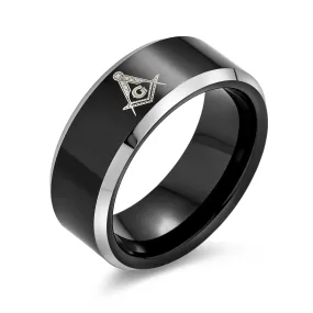 Square & Compass Freemason Tungsten Wedding Band Ring for Men Silver Tone Comfort Fit