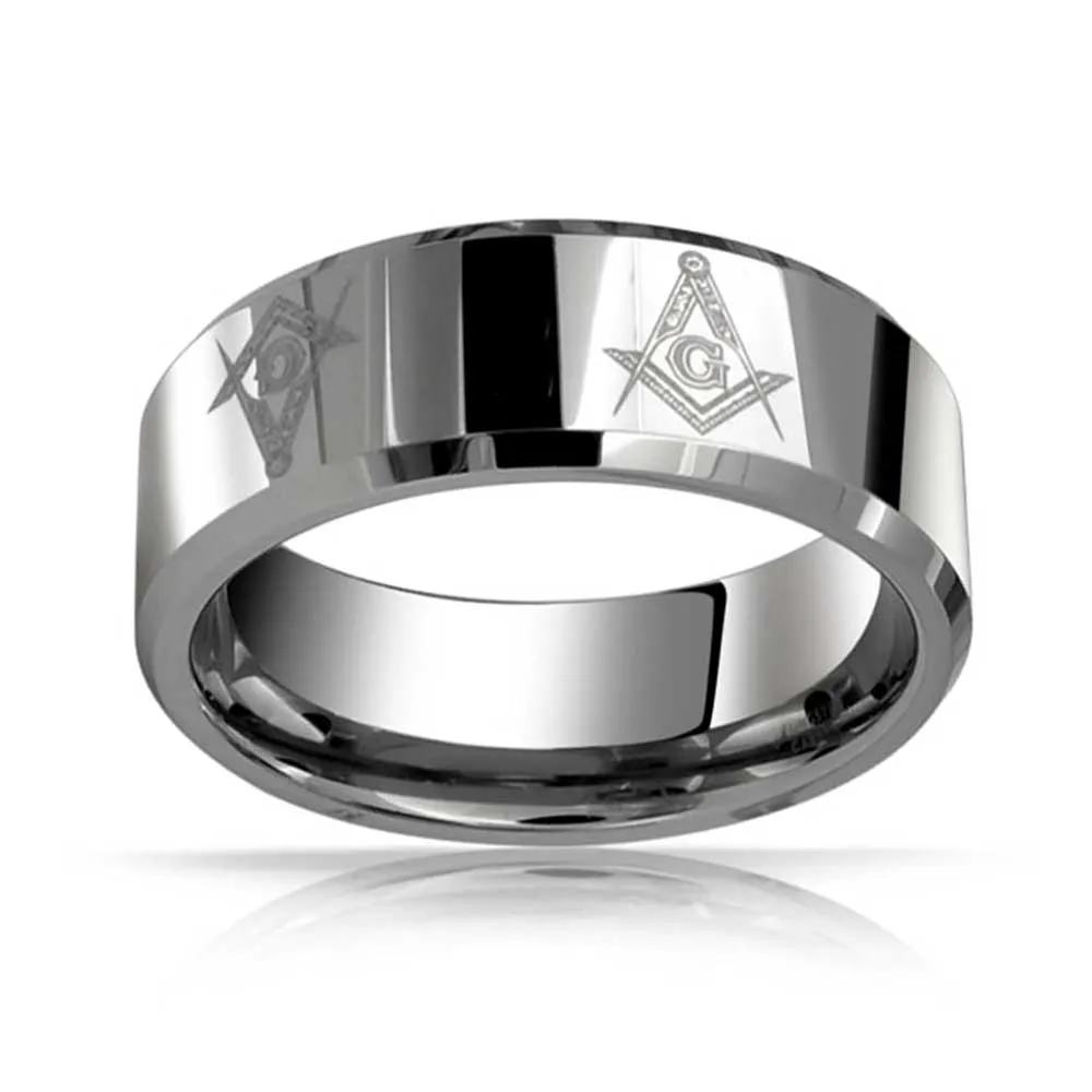 Square & Compass Freemason Tungsten Wedding Band Ring for Men Silver Tone Comfort Fit