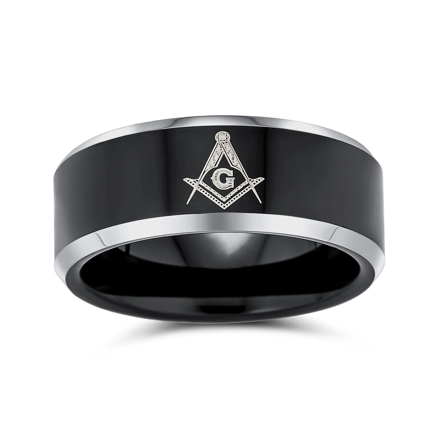 Square & Compass Freemason Tungsten Wedding Band Ring for Men Silver Tone Comfort Fit