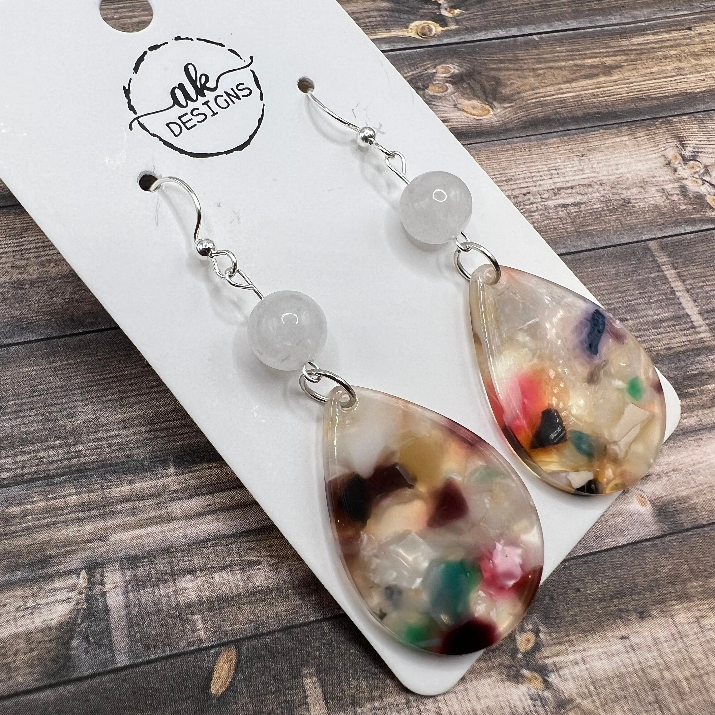 Sterling Silver Acetate Acrylic Resin White Jade Boho Hypoallergenic  Earrings