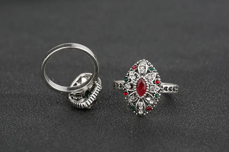 Turkish Jewelry Beautiful Flower Antique Tibetan Silver Rings For Women Fashion Resin Ring Crystal Gifts