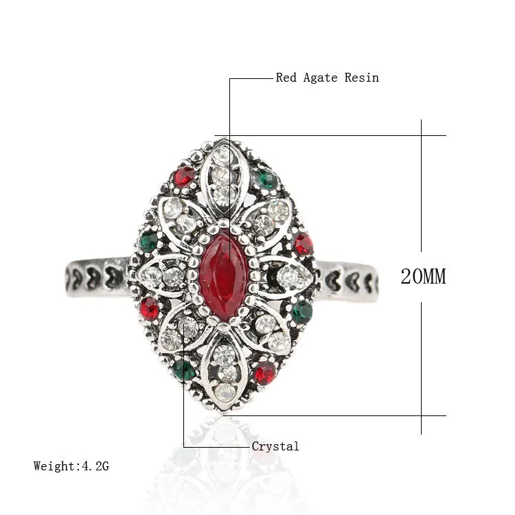 Turkish Jewelry Beautiful Flower Antique Tibetan Silver Rings For Women Fashion Resin Ring Crystal Gifts