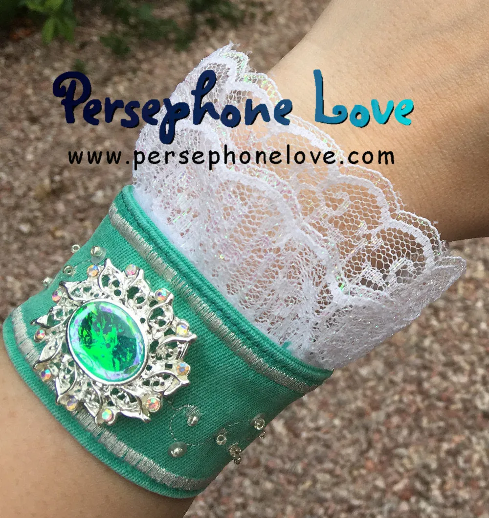 TWO green silver embroidered upcycled Victorian Rococo French chic look denim lace bracelets