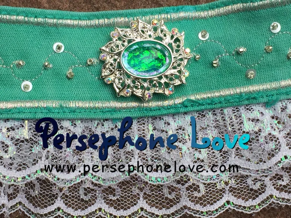 TWO green silver embroidered upcycled Victorian Rococo French chic look denim lace bracelets