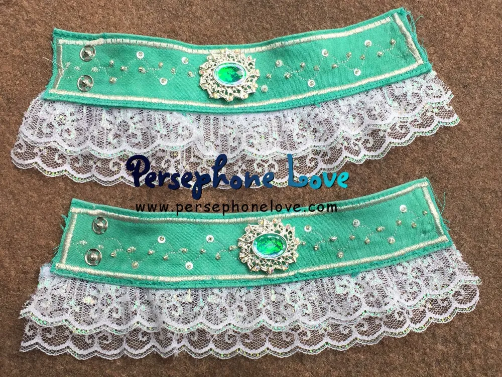 TWO green silver embroidered upcycled Victorian Rococo French chic look denim lace bracelets